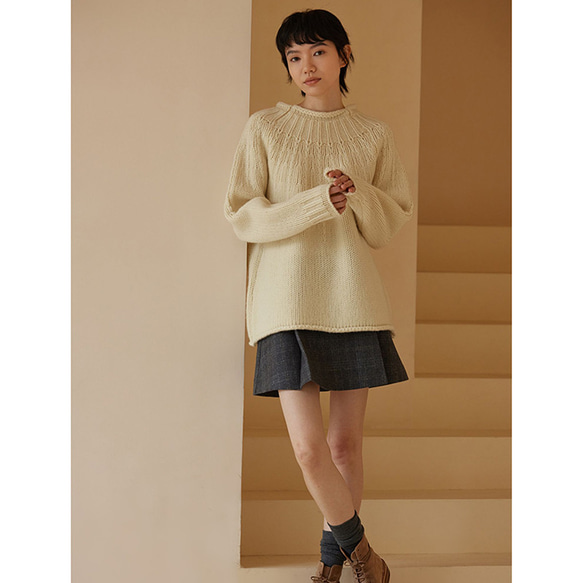 花火の襟セーター　100%ウールセーター　ウールニットセーター　ベージュ　フリーサイズ#469 5枚目の画像