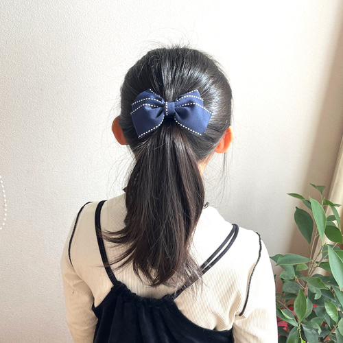 再販3回】ネイビー トリプルリボン ヘアゴム こども 小学生 紺リボン 