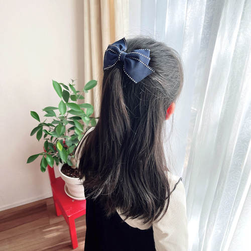 再販3回】ネイビー トリプルリボン ヘアゴム こども 小学生 紺リボン 