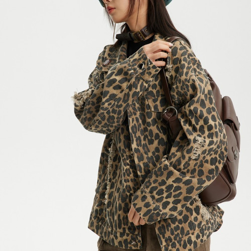 ヒョウ柄水洗い穴あきワークコート男女カップルジャケット春の上