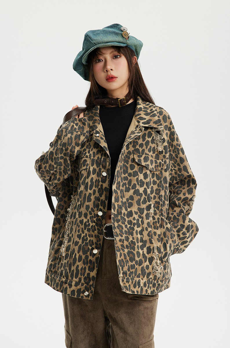 ヒョウ柄水洗い穴あきワークコート男女カップルジャケット春の上