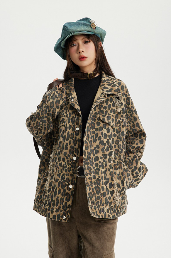 ヒョウ柄水洗い穴あきワークコート男女カップルジャケット春の上着