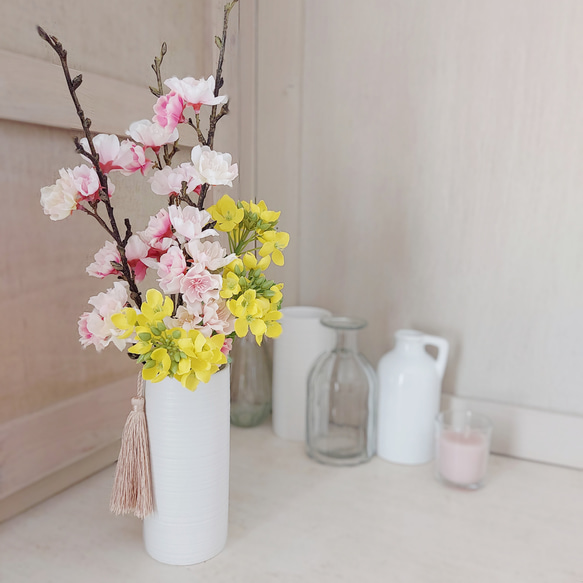 ハンドメイド❣️春のフラワーアレンジ桜の花❣️ 華やかな桜と菜の花✨️綺麗な造花アレンジ│アーティフィシャル