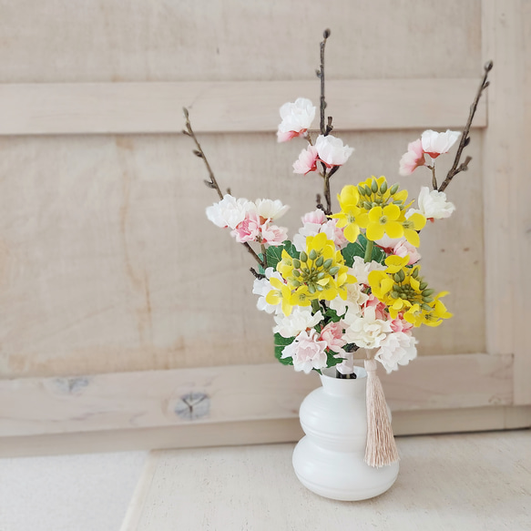 華やか八重桜と菜の花✨️綺麗な春花アレンジメント│桜 造花 癒し