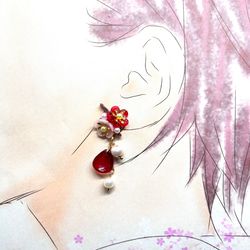紅白の梅の花とパールの耳飾り  選べるイヤリング／ピアス 2枚目の画像