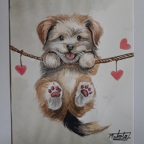 水彩画 ぶら下がる子犬 絵画 makochin 通販 17093525｜Creema(クリーマ