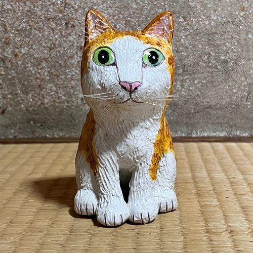 茶トラ 招き猫 猫作家 サイン （招き猫のミニ原画「招福猫」 75×55mm 