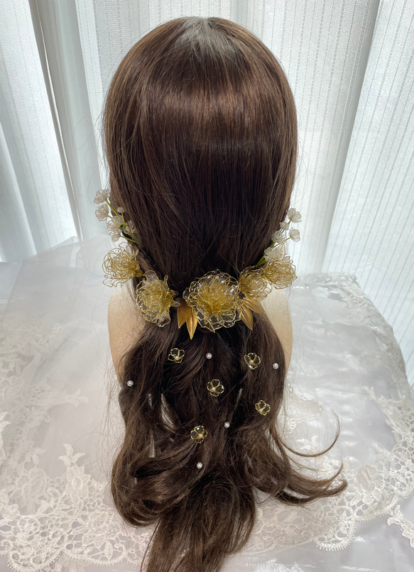 ウェディング　ヘアアクセサリー　花園　〜ゴールドクリア〜　　ディップアート　ヘッドドレス　アメリカンフラワー　花髪飾り 1枚目の画像