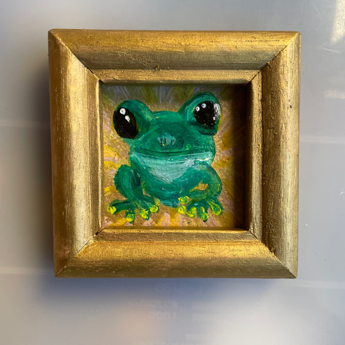 絵画油絵原画一点物カエルイエローポップ現代アートSM