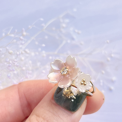 送料無料】華やぎの桜レジンリング&コットンパールと桜ブローチ2点