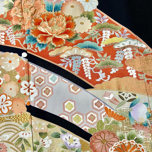 着物リメイク　ワンピース　黒留袖　ドレス　ロング　Aライン　吉祥花丸文　暈染 着物リメイク ワンピース 黒留袖 ドレス ロング Aライン 吉祥花