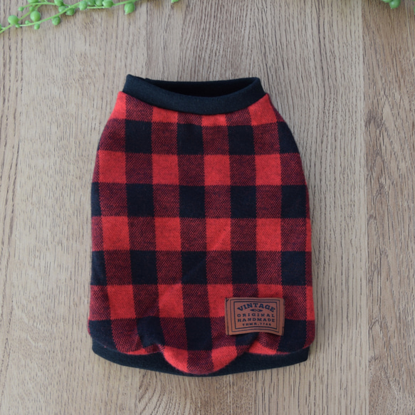犬服 ハンドメイド 裏毛赤チェック SSサイズ つめきり