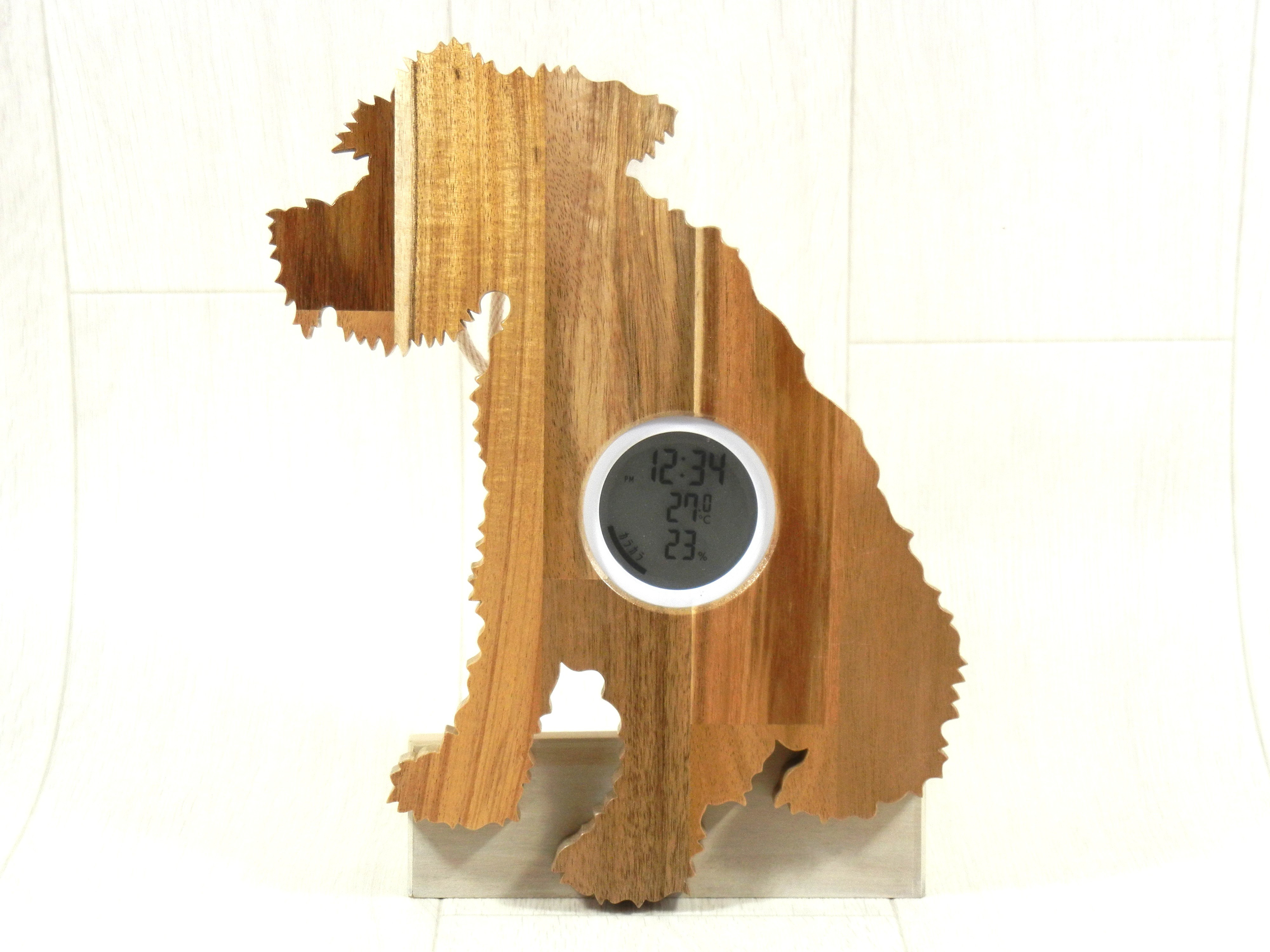 デジタル温・湿度計（時計付）ミニチュアシュナウザーNo.3【木製（アカシア集成材）】（置き・掛け兼用）