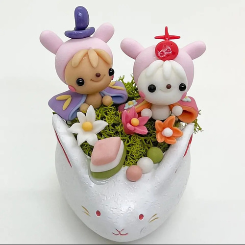 白うさぎ お雛様 ちりめんピック付き 樹脂粘土 粘土細工 ミニチュア