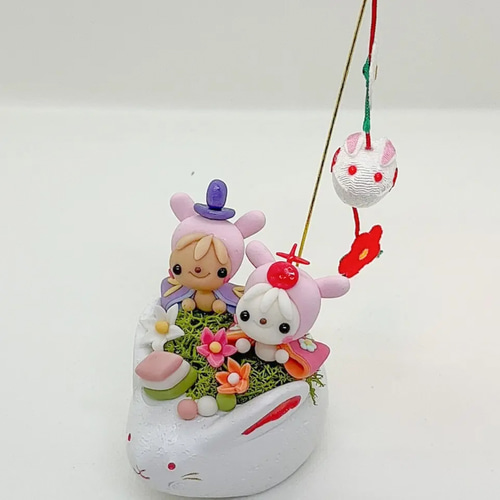 白うさぎ お雛様 ちりめんピック付き 樹脂粘土 粘土細工 ミニチュア