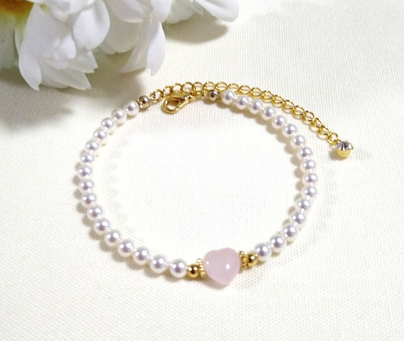 【稼働/美品】ELIZABETH エリザベス クオーツ パールブレス シェル スワロフスキーホワイトパールとローズクォーツハートの