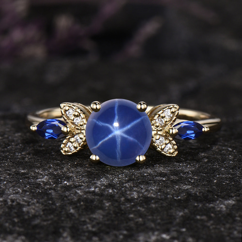 ユニークなブルー スター サファイア リング 9 月の誕生石 ブルー