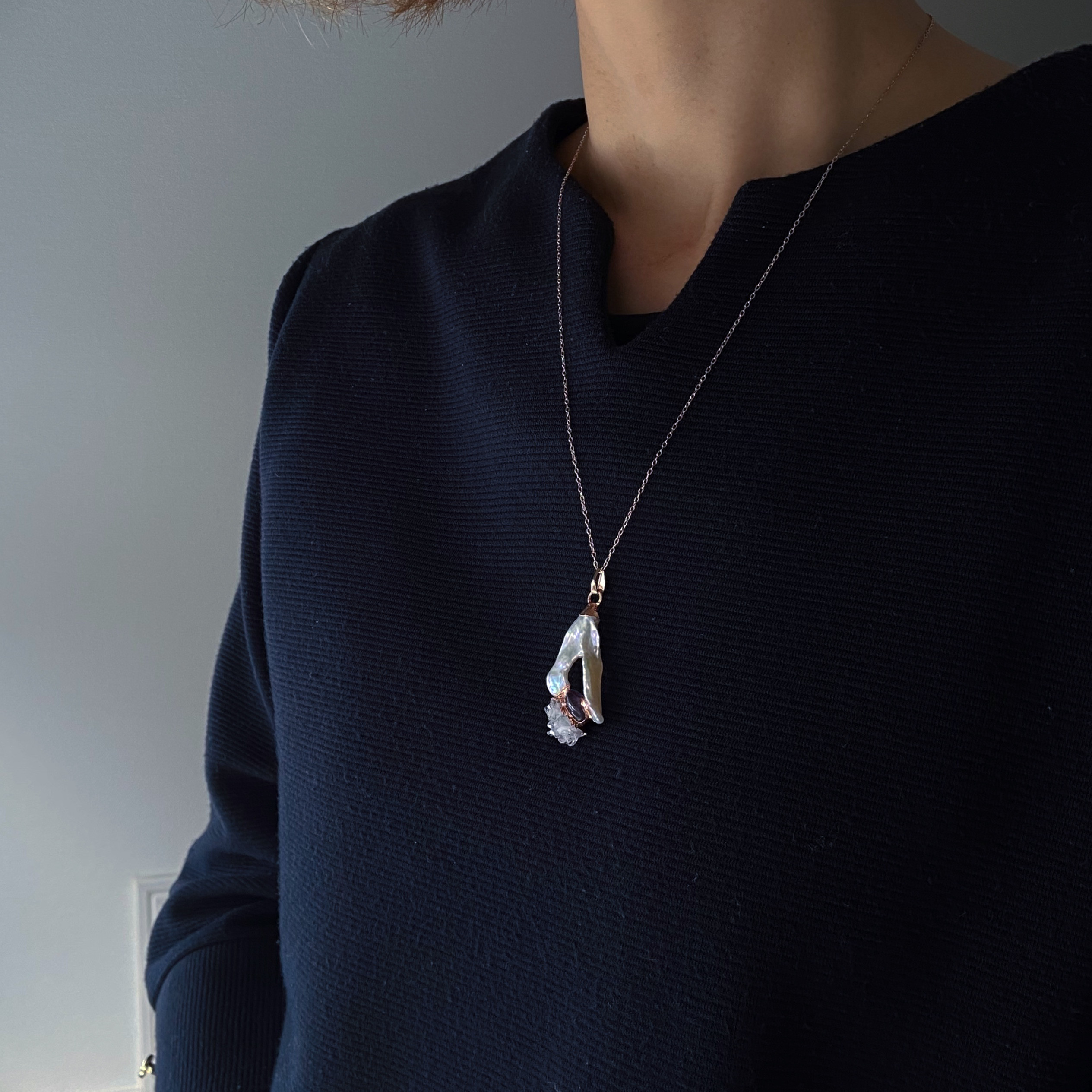 金継ぎ風3種類の天然石ネックレス（淡水パール、クラスター水晶、アメジスト）