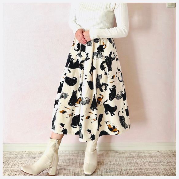 シックなネコ柄 ミモレ丈タックギャザースカート フレアスカート