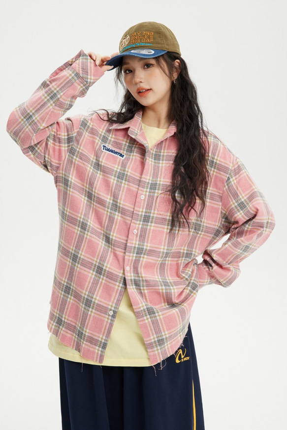 レディース*メンズ兼用·春と秋の新作レトロなチェックシャツゆったり長袖シャツ W146 4枚目の画像