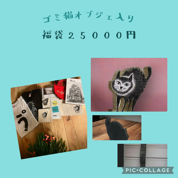 成田ヒロシデザイン福袋12品入り。ゴミネコオブジェ、ユエクチュマと読めないシリーズ他オリジナルデザインTシャツ2枚入り 