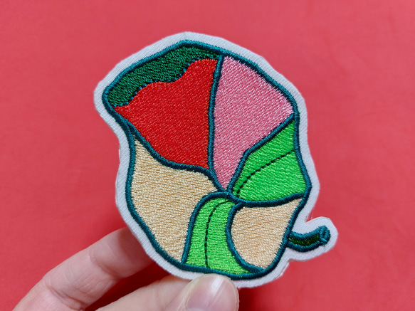 ラッパ花 ワッペン 刺繍 アップリケ 花 葉 植物 蛍光 ネオンカラー グリーン ホームメイド ピンク オリジナル 13枚目の画像