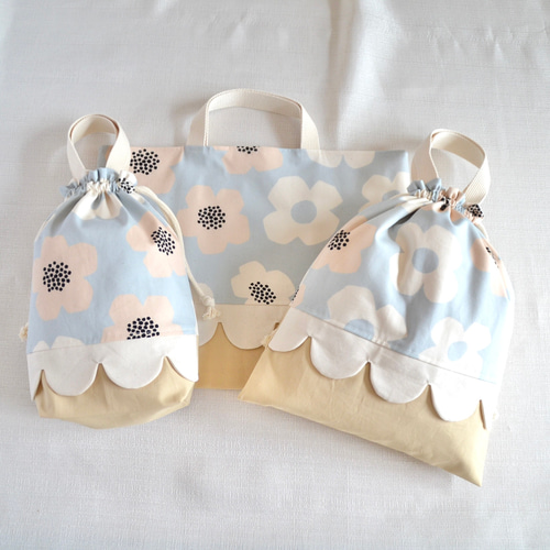 受注制作】入園・入学準備 3点セット ベージュ 北欧調花柄 フリル