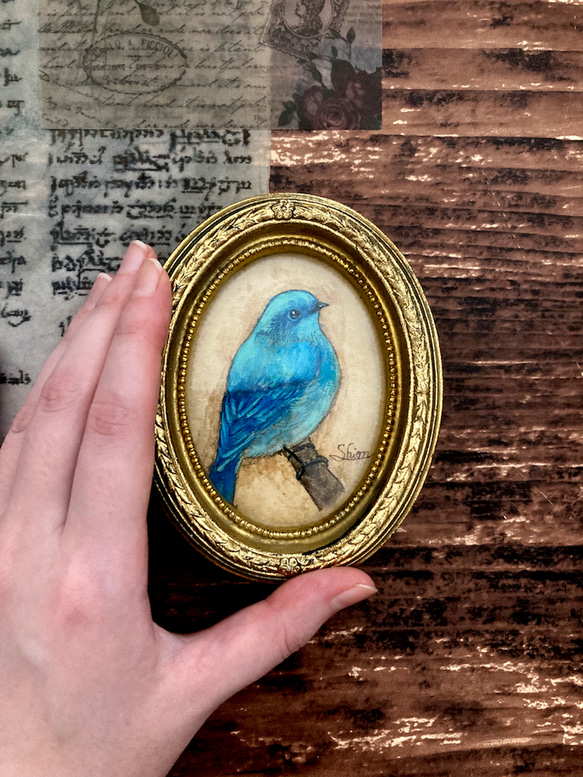 青い鳥の小さな絵 アクアマリン -Marina-　/原画　アンティーク　アート　日本画 1枚目の画像