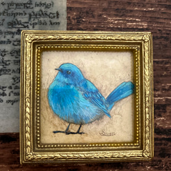 青い鳥の小さな絵 アクアマリン -Mariel-　/原画　アンティーク　アート　インテリア 2枚目の画像