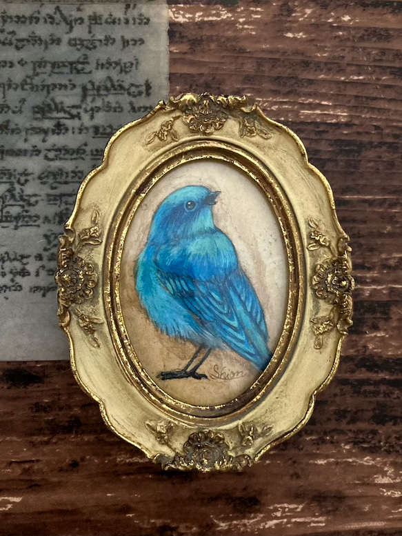 青い鳥の小さな絵 アクアマリン -Marian-　/原画　アンティーク　アート　日本画 1枚目の画像