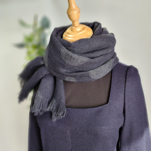 ウール ガーゼ 大判ストール フリンジ ウール100％ 【グレー×ブラック