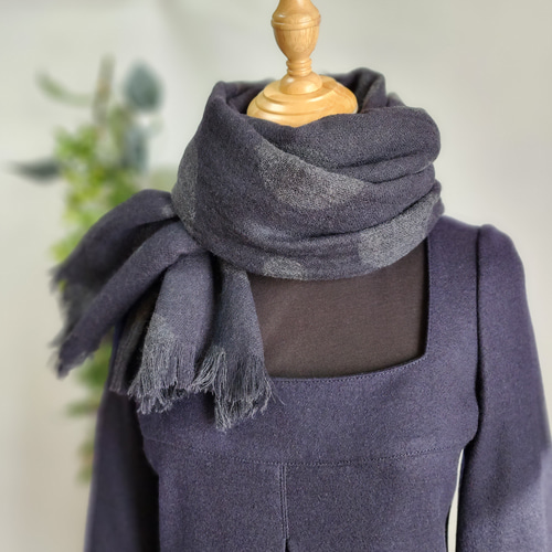 ウール ガーゼ 大判ストール フリンジ ウール100％ 【グレー×ブラック
