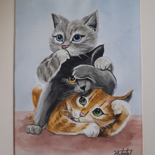 水彩画 仲良し3猫ざる 絵画 makochin 通販 17097454｜Creema(クリーマ