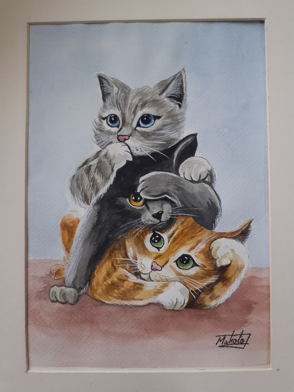 水彩画　仲良し3猫ざる 1枚目の画像