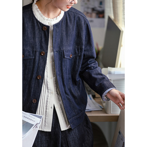 デニムジャケット　丸襟デニムジャケット　ストライプ裏地　コットン混紡　ブルー　　S-Mサイズ　S202 2枚目の画像