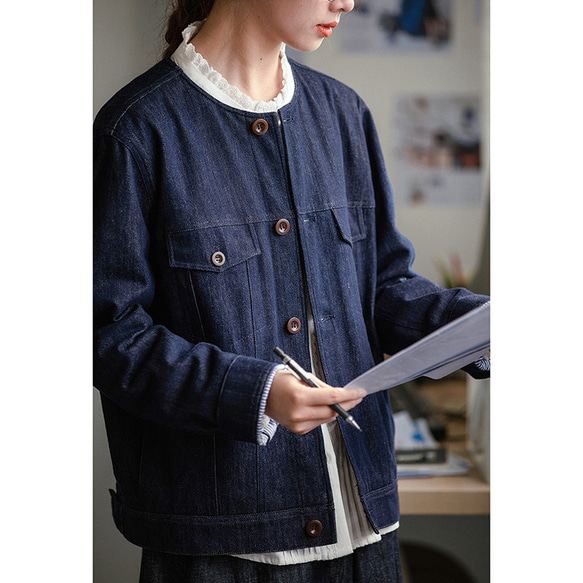 デニムジャケット　丸襟デニムジャケット　ストライプ裏地　コットン混紡　ブルー　　S-Mサイズ　S202 1枚目の画像
