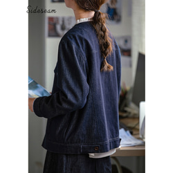 デニムジャケット　丸襟デニムジャケット　ストライプ裏地　コットン混紡　ブルー　　S-Mサイズ　S202 3枚目の画像