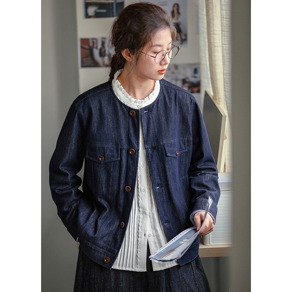 デニムジャケット　丸襟デニムジャケット　ストライプ裏地　コットン混紡　ブルー　　S-Mサイズ　S202 9枚目の画像