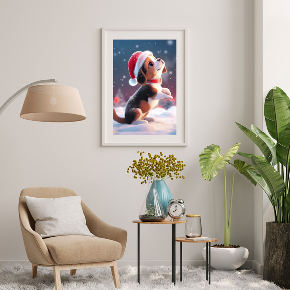 【クリスマスの朝 - ビーグル犬の子犬 No.1】A2アートポスター 犬の絵 犬の絵画 犬のイラスト 7枚目の画像