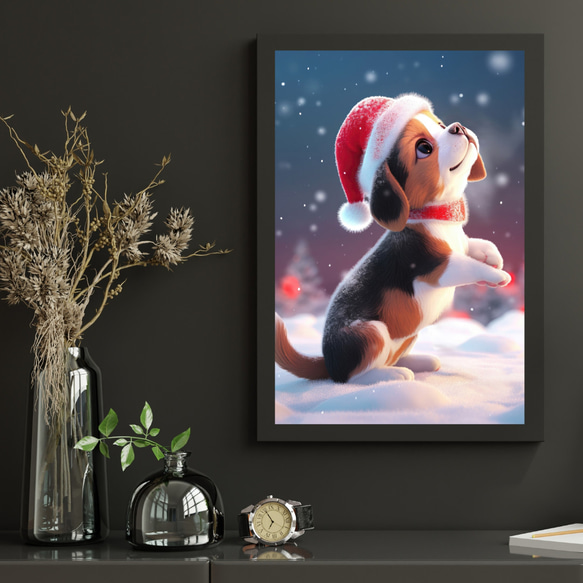 【クリスマスの朝 - ビーグル犬の子犬 No.1】A2アートポスター 犬の絵 犬の絵画 犬のイラスト 8枚目の画像