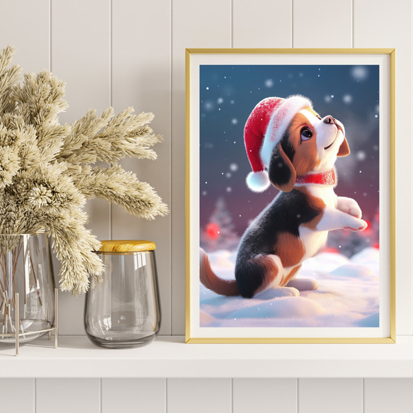 【クリスマスの朝 - ビーグル犬の子犬 No.1】A2アートポスター 犬の絵 犬の絵画 犬のイラスト 10枚目の画像