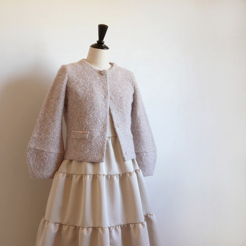 在庫僅か！】ミックスツイード編み パフスリーブジャケット【ダスティ