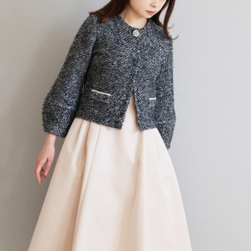 在庫僅か！】ミックスツイード編み パフスリーブジャケット【ダスティ