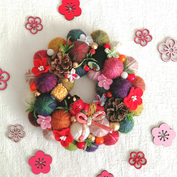 受注制作～新作2024 カラフルでにっこり❀毛糸玉の節分飾り〈寝転ぶ赤