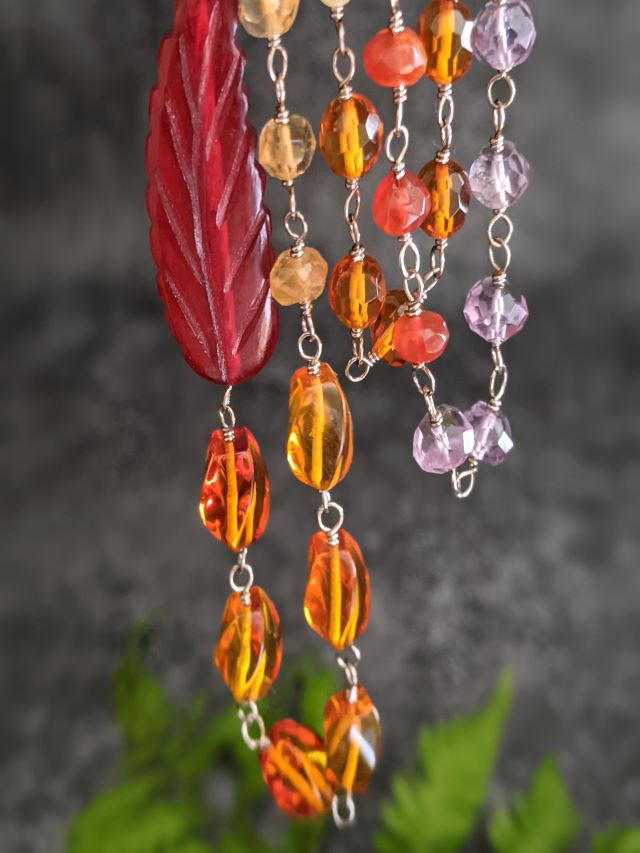 天然石ロングネックレス/琥珀 アメジスト シトリン/K14WG/軽量 Gemstone Long Necklace