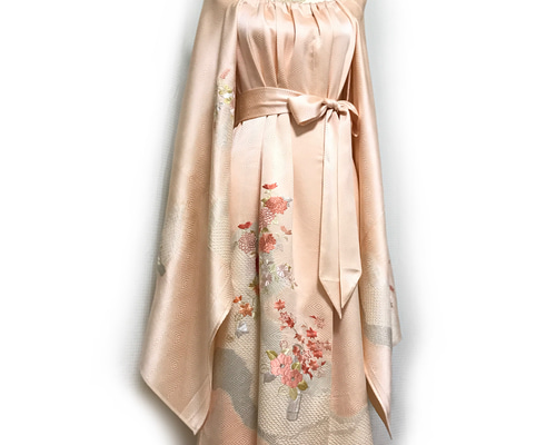 正絹】着物リメイク 豪華刺繍／絞りの訪問着ドレス&ショールのセット