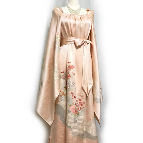 正絹】着物リメイク 豪華刺繍／絞りの訪問着ドレス&ショールのセット