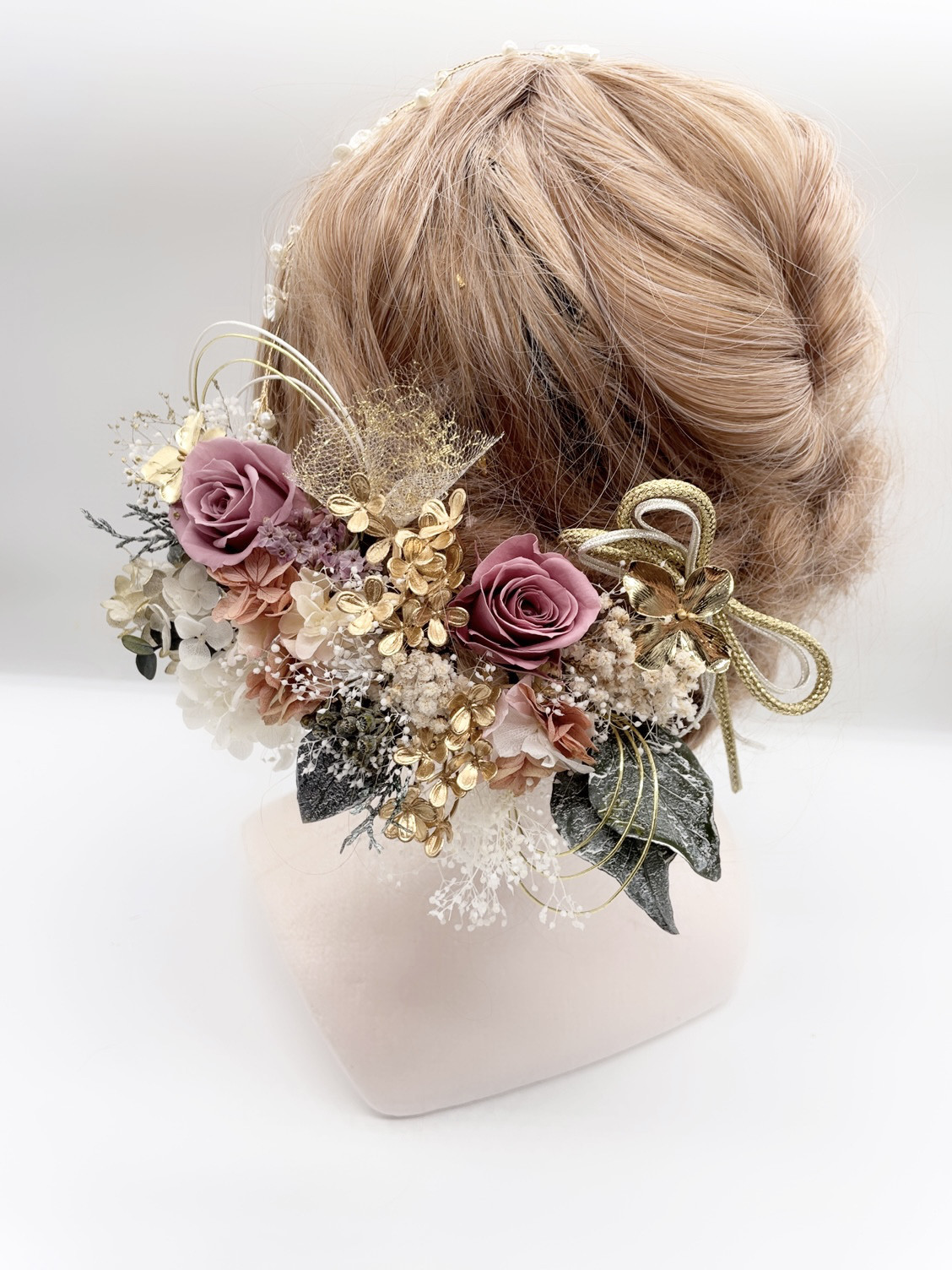 和装髪飾り　水引×金箔×カチューシャ　スモーキーピンク