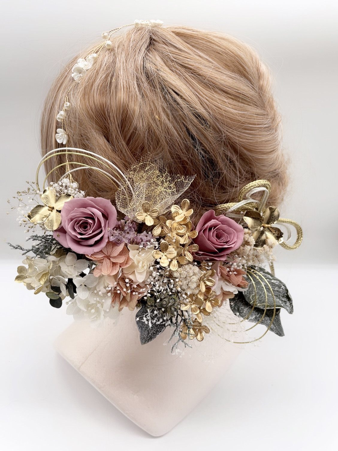 和装髪飾り　水引×金箔×カチューシャ　スモーキーピンク