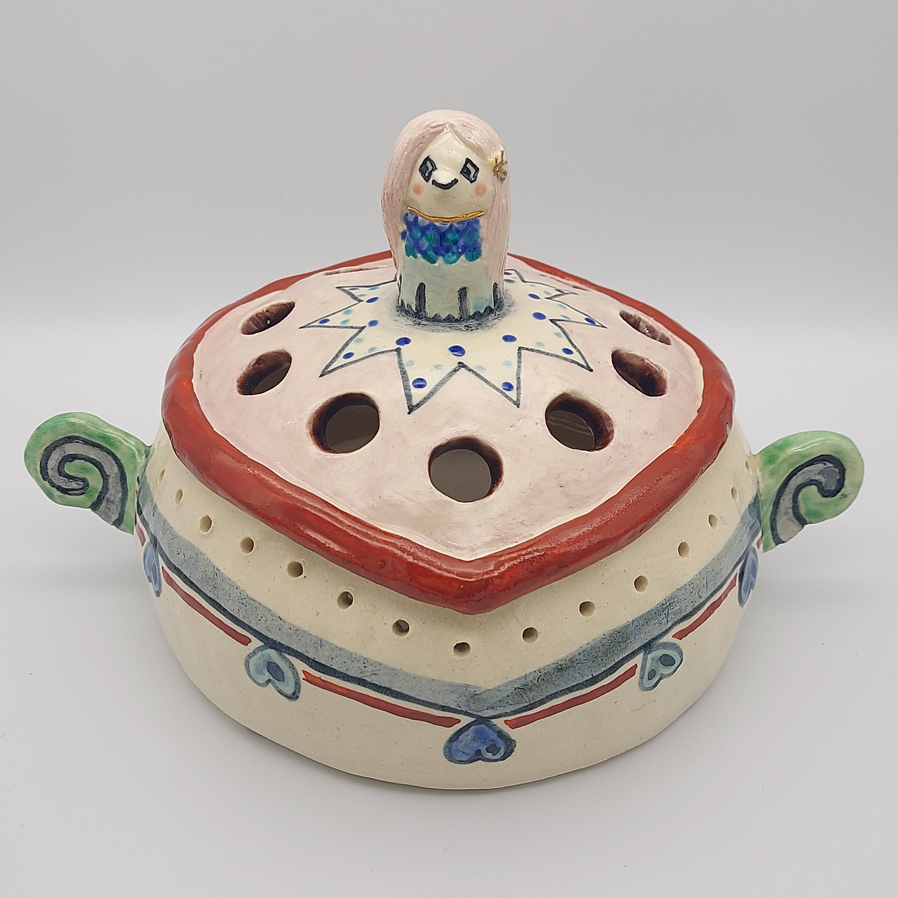 アマビエ香炉　[手びねり陶製・九谷和絵具]